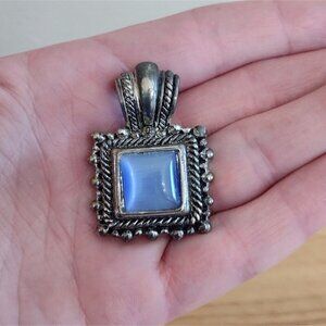 Vintage 3D Blue Square Stone Gem Snap Button Silver Tone? Pendant Chunky